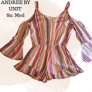 Andree by Unit Multicolor Striped Cold Shoulder Romper Bell Sleeves Size Medium